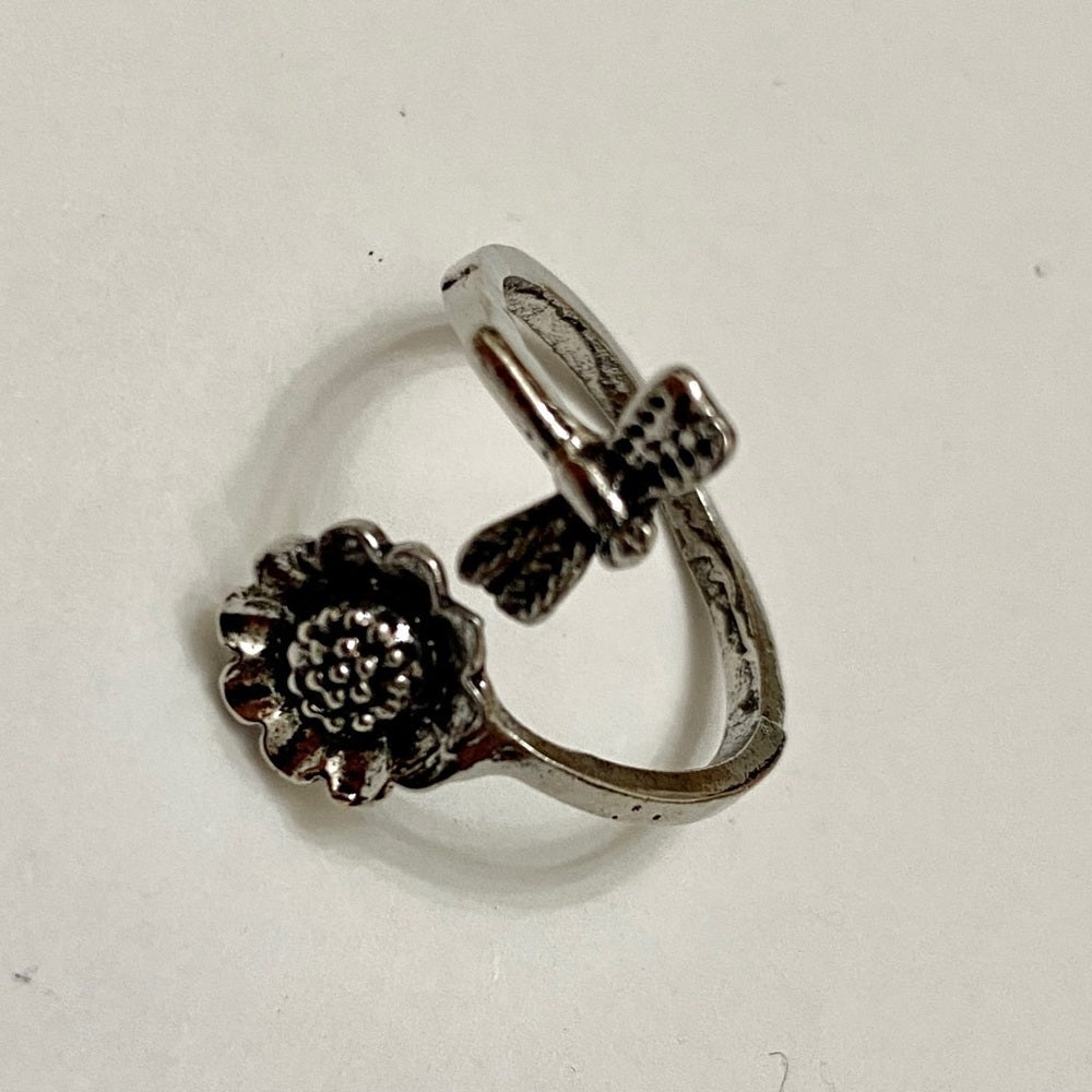 Custom Made Sunflower and Dragonfly Silver Tone Ring