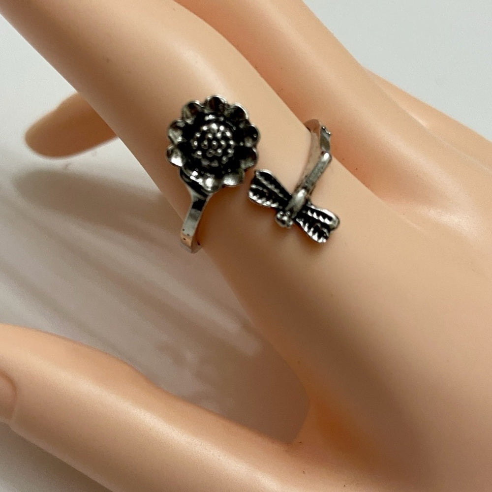Custom Made Sunflower and Dragonfly Silver Tone Ring