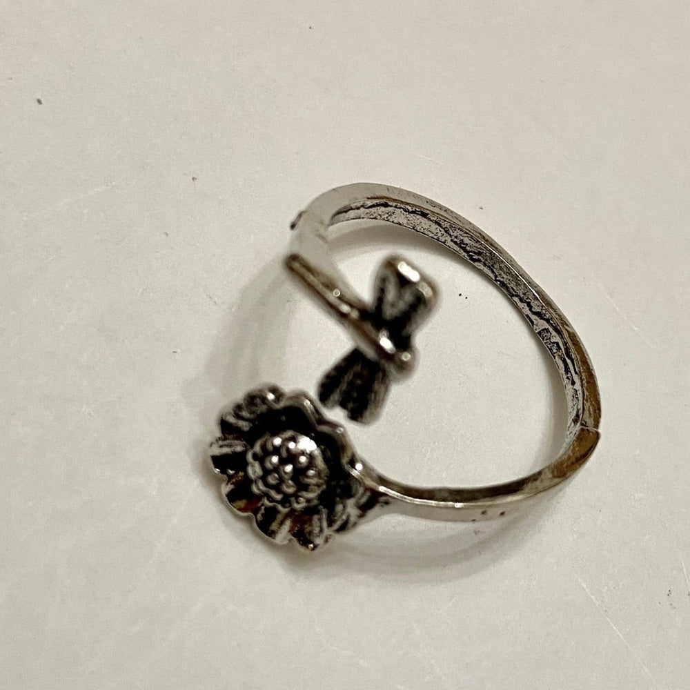 Custom Made Sunflower and Dragonfly Silver Tone Ring
