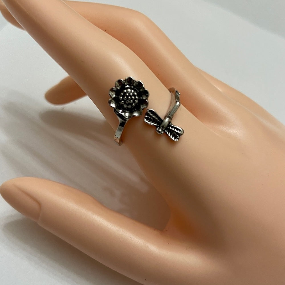 Custom Made Sunflower and Dragonfly Silver Tone Ring
