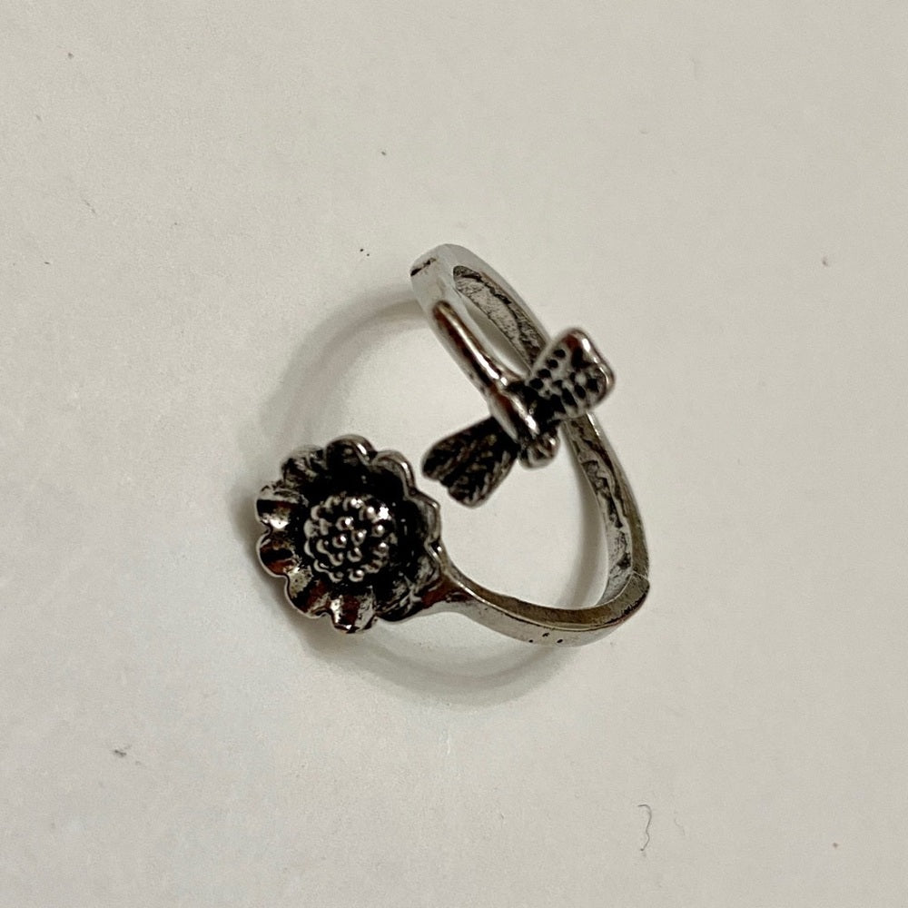 Custom Made Sunflower and Dragonfly Silver Tone Ring