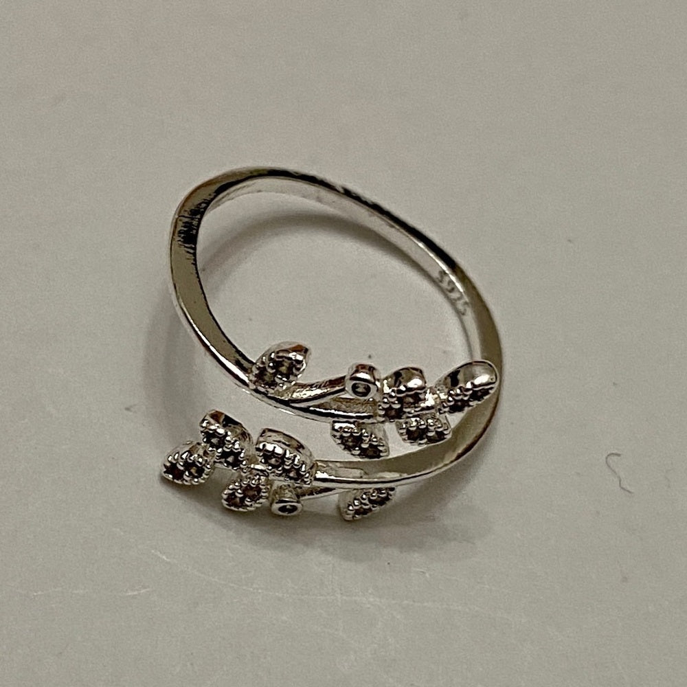 Custom Made Leaves with Rhinestones 925 Silver Ring Size 7-7.5