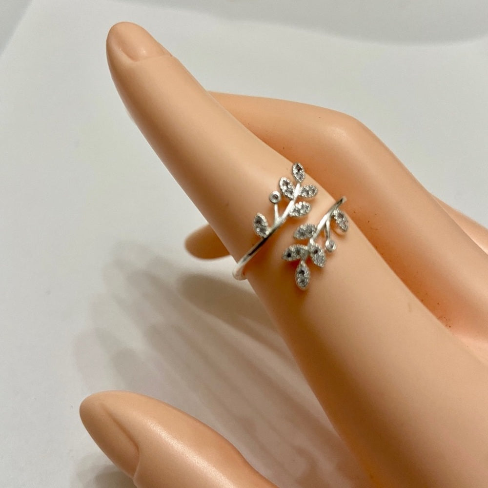 Custom Made Leaves with Rhinestones 925 Silver Ring Size 7-7.5