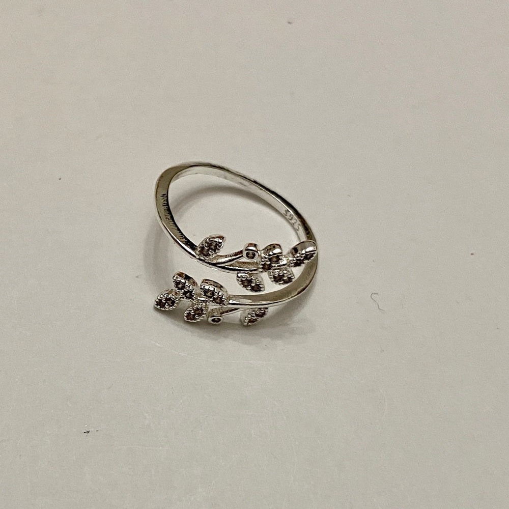 Custom Made Leaves with Rhinestones 925 Silver Ring Size 7-7.5