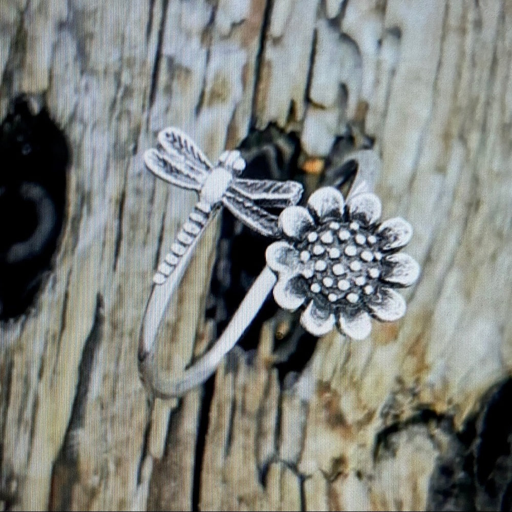Custom Made Sunflower and Dragonfly Silver Tone Ring