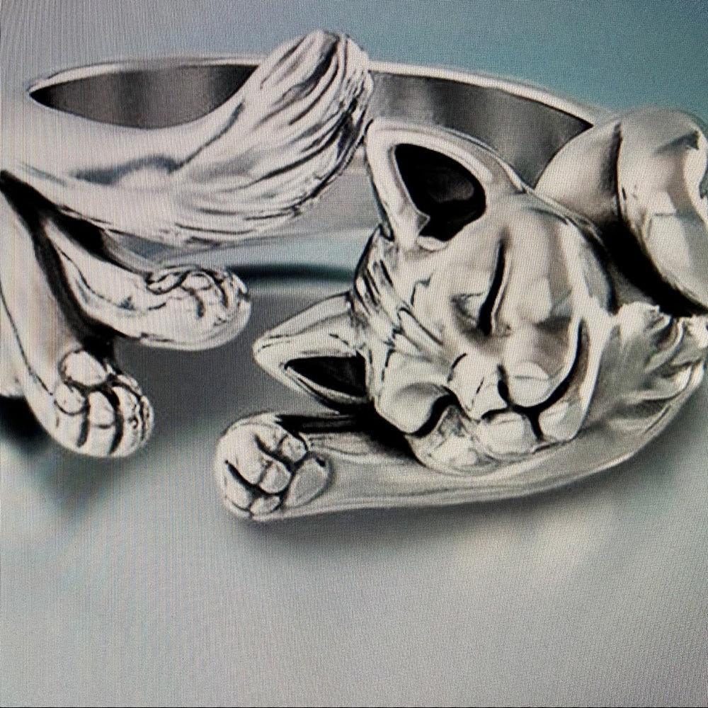 Custom Made Cat Hugger Silver Tone Ring