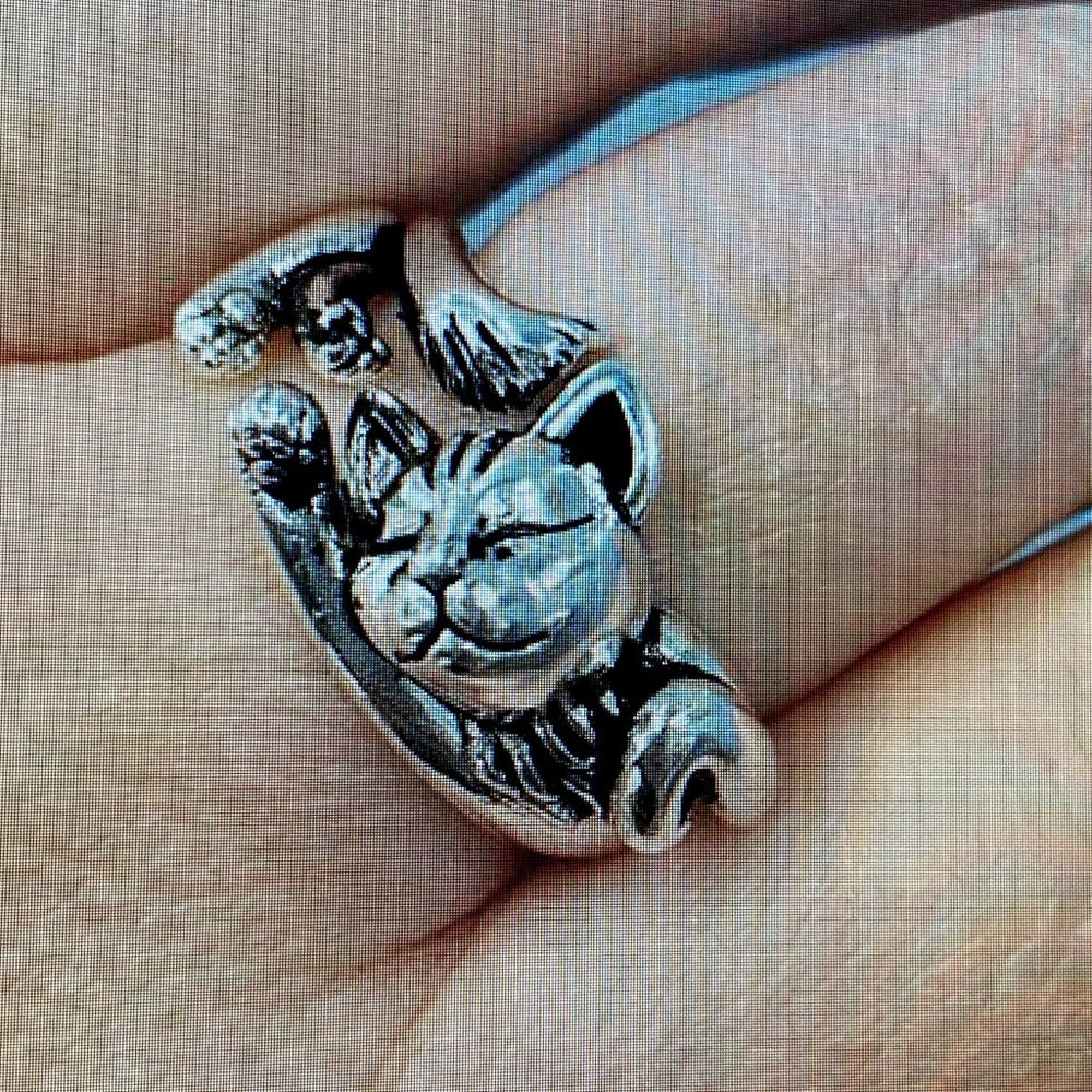 Custom Made Cat Hugger Silver Tone Ring