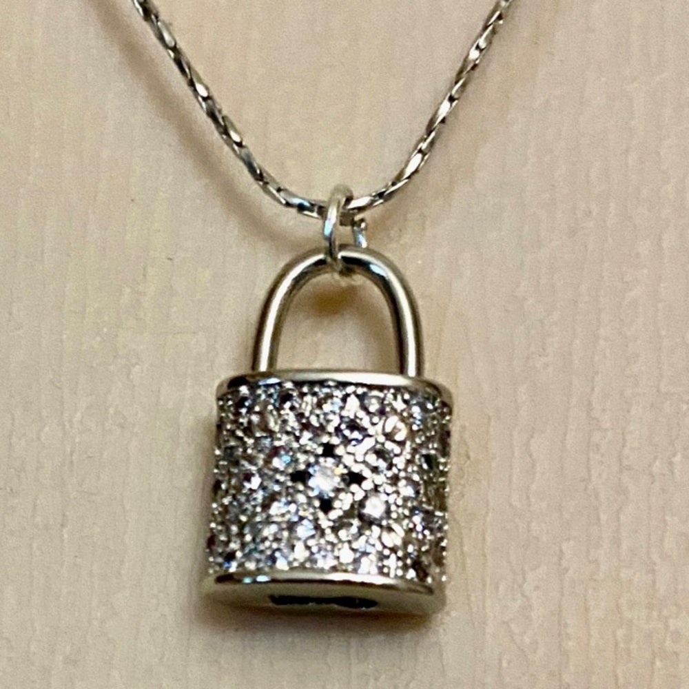 Silver Tone Elegant Padlock Charm with 16in Chain Necklace