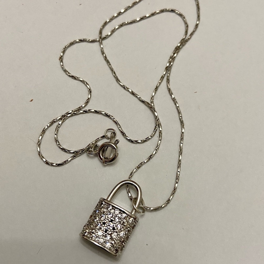 Silver Tone Elegant Padlock Charm with 16in Chain Necklace