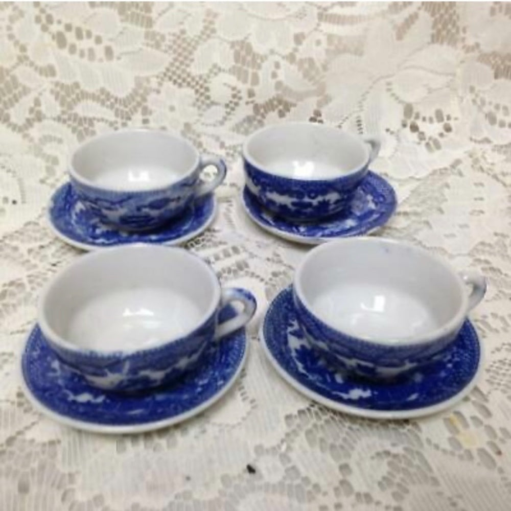 Vintage, Japan, Blue Willow, 17pc Child’s Tea Set - Pink Wicker Picnic Basket