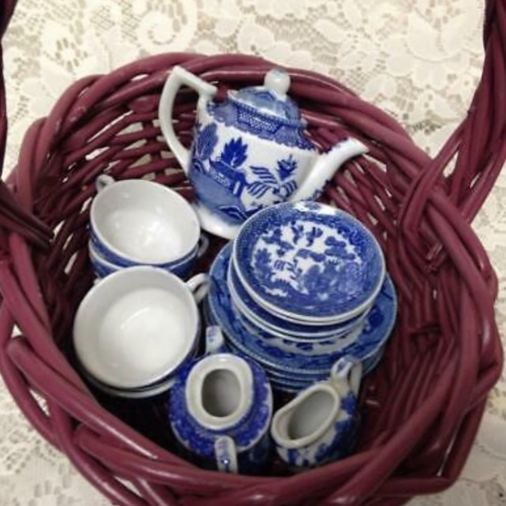 Vintage, Japan, Blue Willow, 17pc Child’s Tea Set - Pink Wicker Picnic Basket