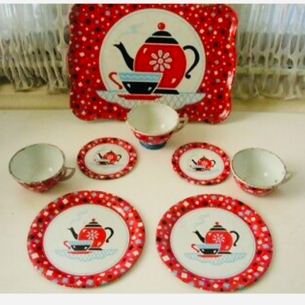 1959, Coffee Time Ohio Art, 8 pc Tin Child’s Tea Set