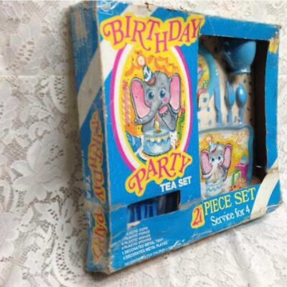 1960s Ohio Art, Birthday Party 21-pc Child’s Tin Tea Set In Orig. Box