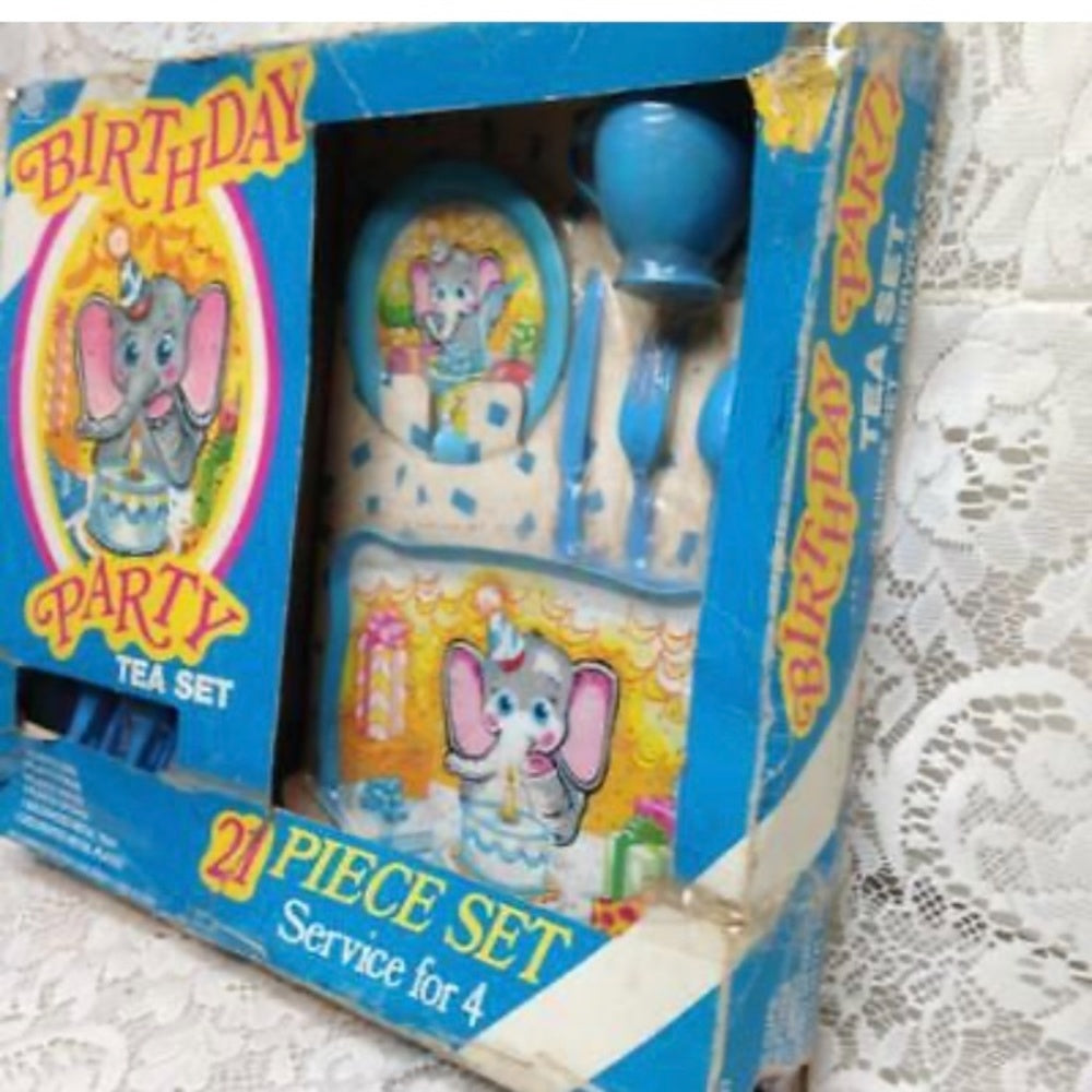 1960s Ohio Art, Birthday Party 21-pc Child’s Tin Tea Set In Orig. Box
