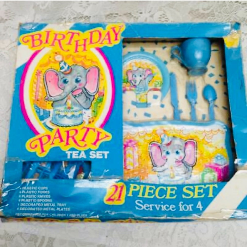 1960s Ohio Art, Birthday Party 21-pc Child’s Tin Tea Set In Orig. Box
