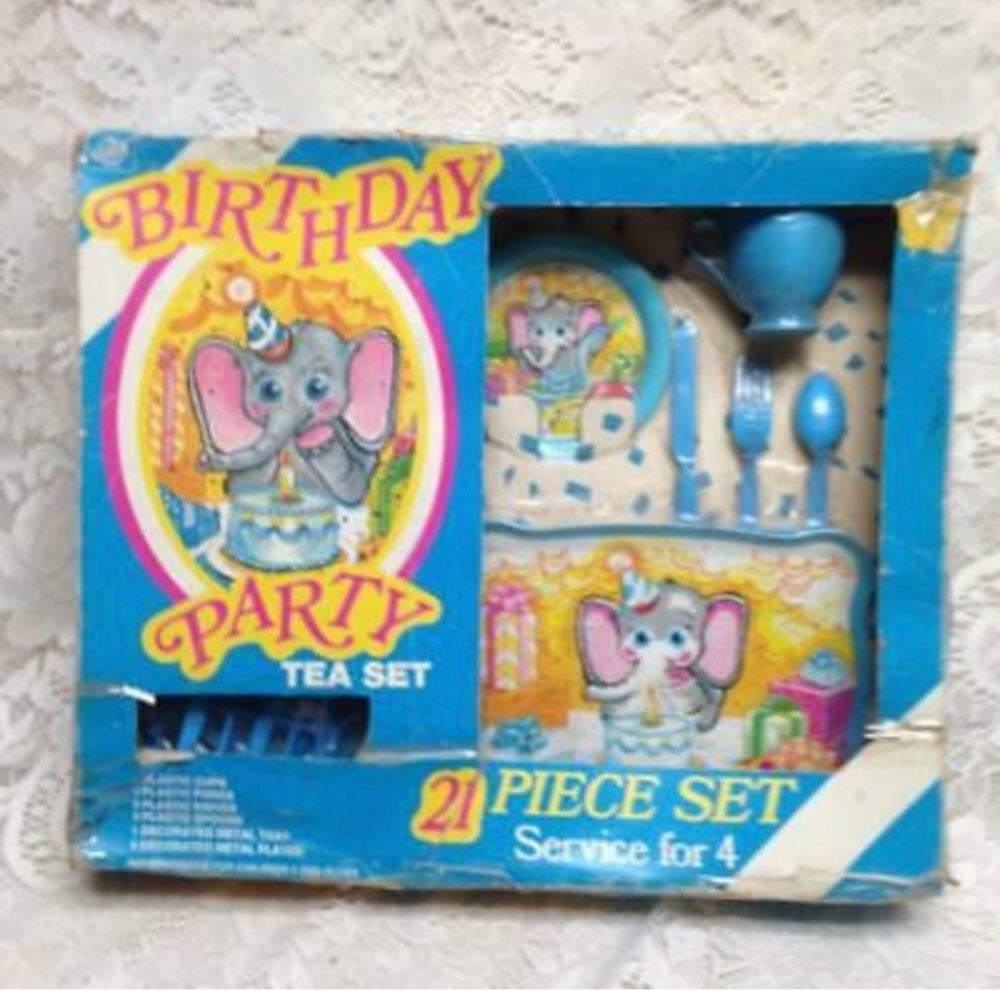 1960s Ohio Art, Birthday Party 21-pc Child’s Tin Tea Set In Orig. Box