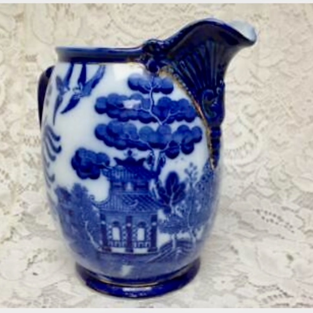 Antique, Rare, Royal Doulton England, Flow Blue Willow, Large 75oz Ewer-Pitcher