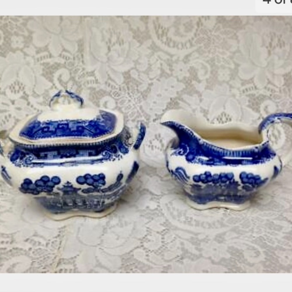 Vintage, Rare, 1911 Buffalo Pottery, 5-pc Blue Willow Tea Set