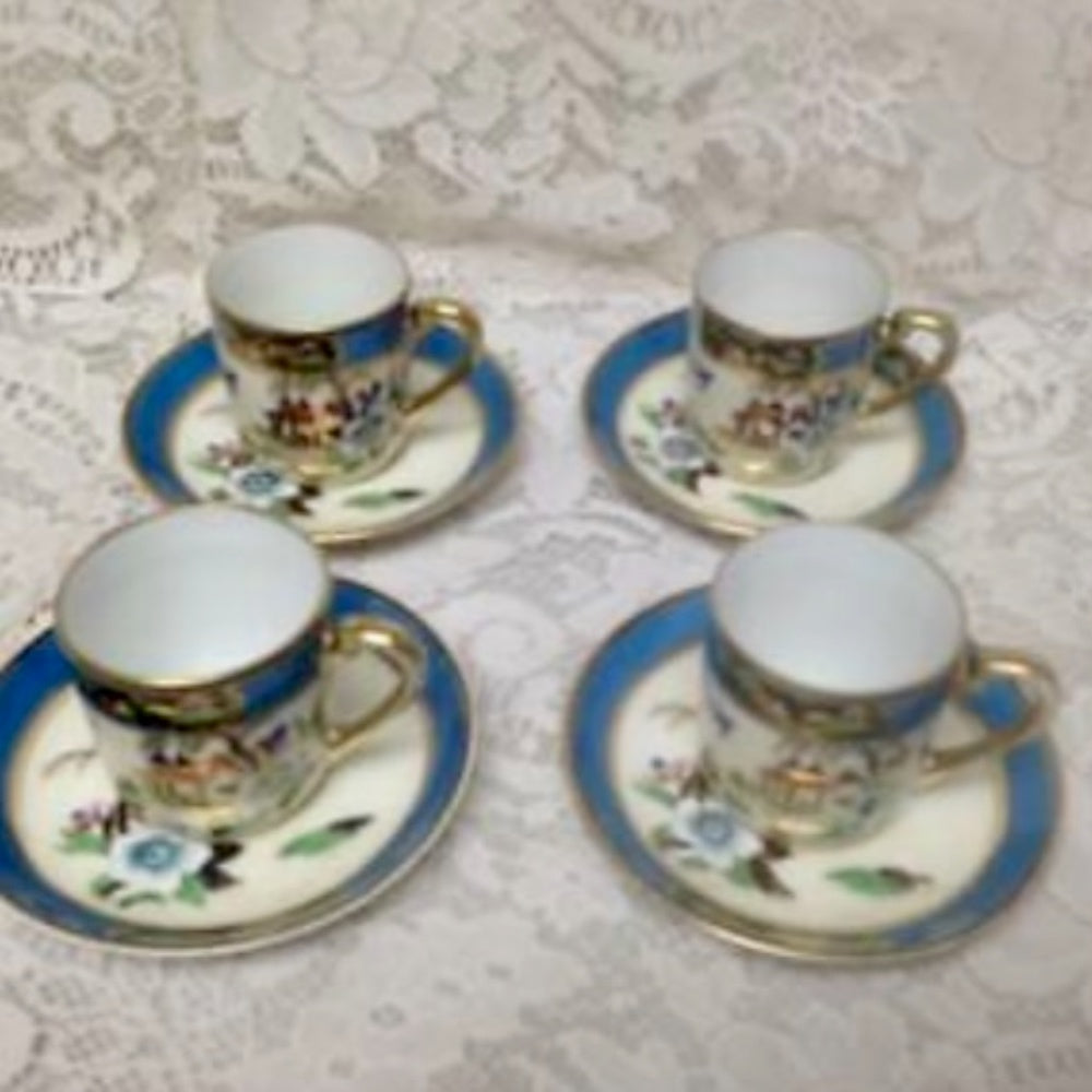 1908 Antique Noritake Japan. Polychrome Blue Willow, 13pc Demitasse Tea Set