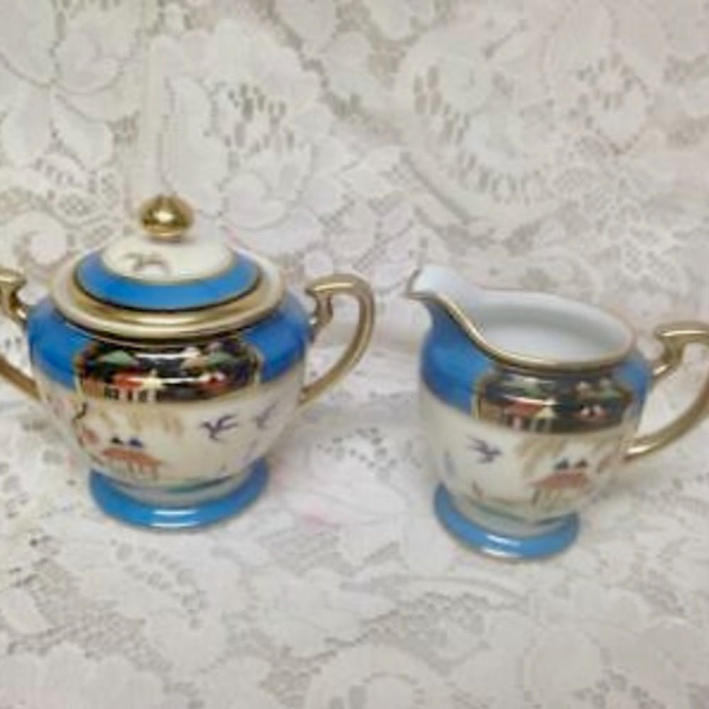 1908 Antique Noritake Japan. Polychrome Blue Willow, 13pc Demitasse Tea Set