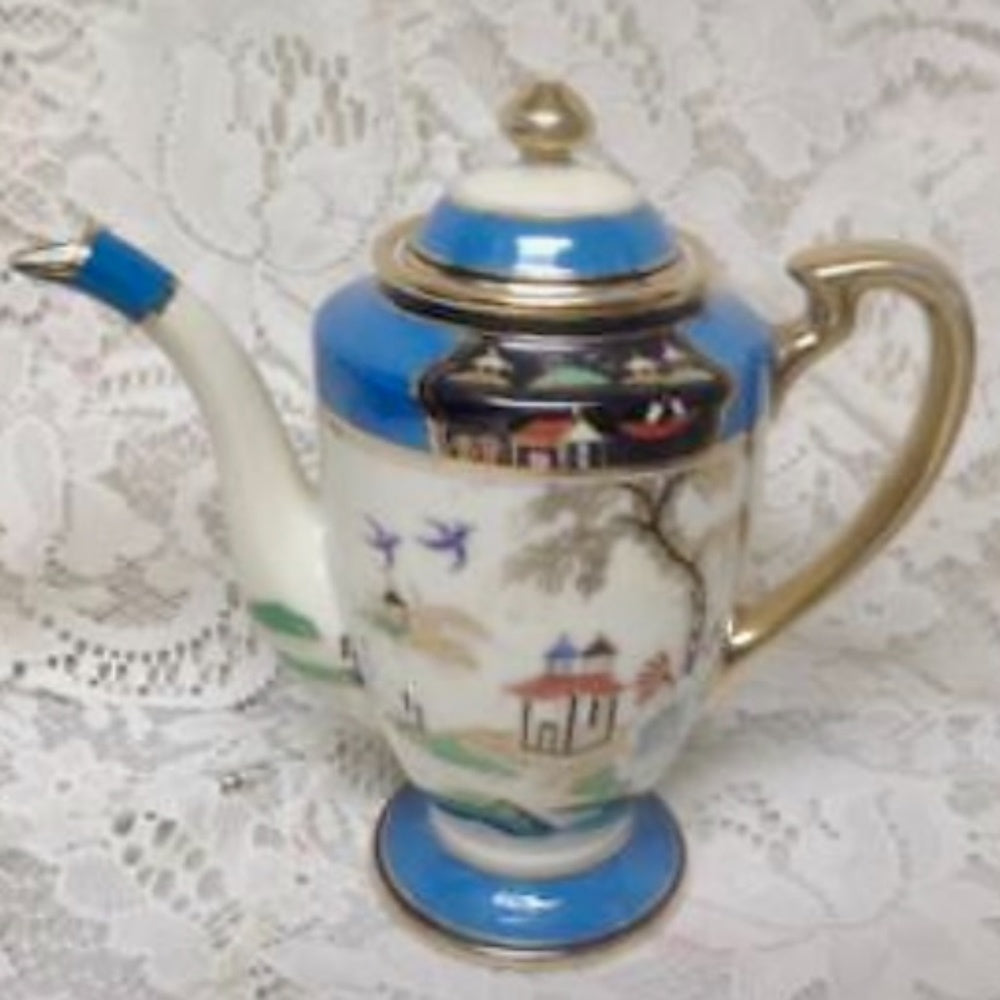 1908 Antique Noritake Japan. Polychrome Blue Willow, 13pc Demitasse Tea Set