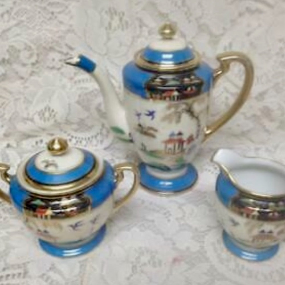 1908 Antique Noritake Japan. Polychrome Blue Willow, 13pc Demitasse Tea Set