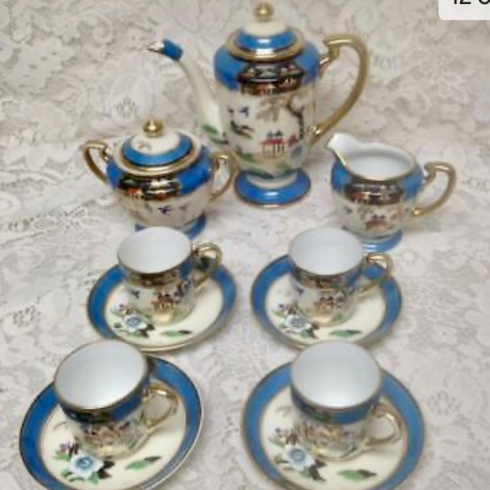1908 Antique Noritake Japan. Polychrome Blue Willow, 13pc Demitasse Tea Set