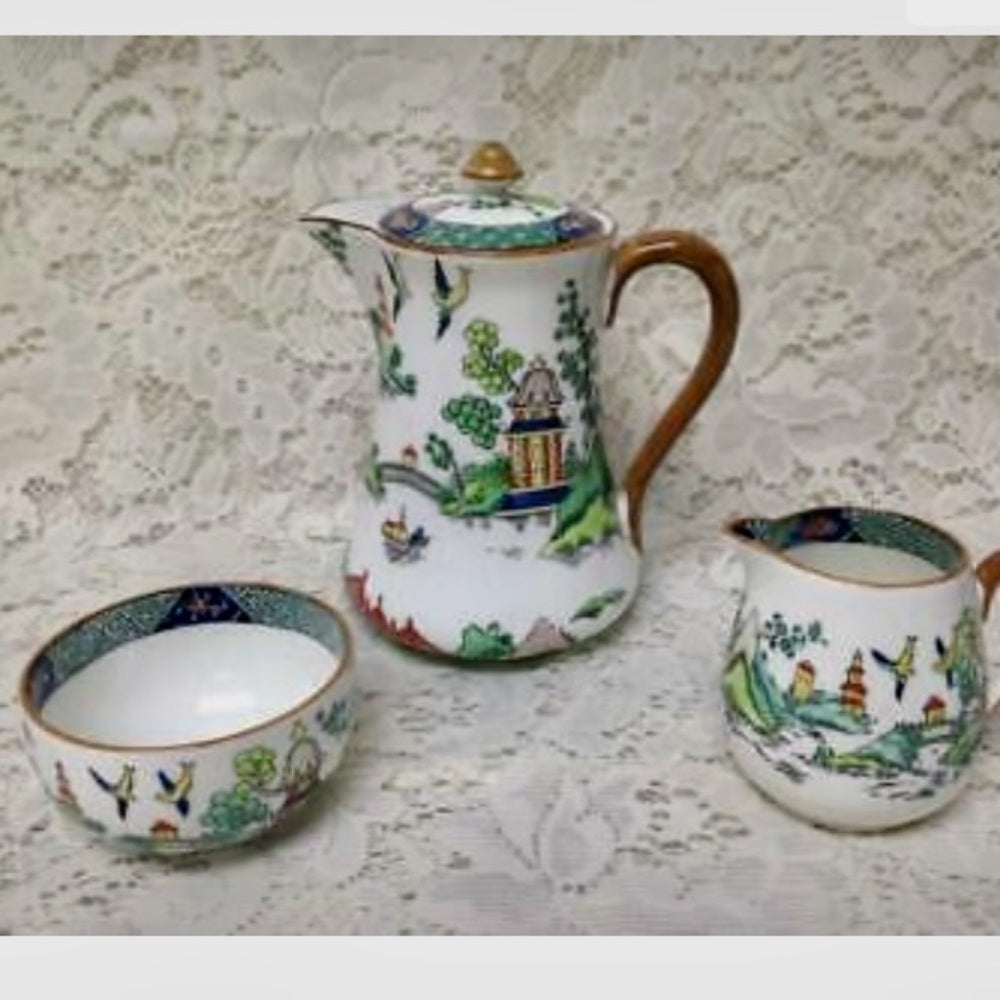 Vintage, Crown Stafffordshire, Polychrome, Gaudy Blue Willow, 8pc Tea Set for 2
