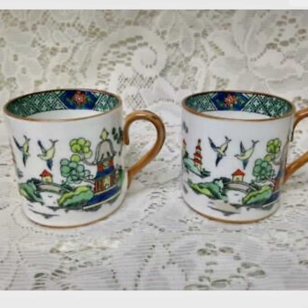 Vintage, Crown Stafffordshire, Polychrome, Gaudy Blue Willow, 8pc Tea Set for 2