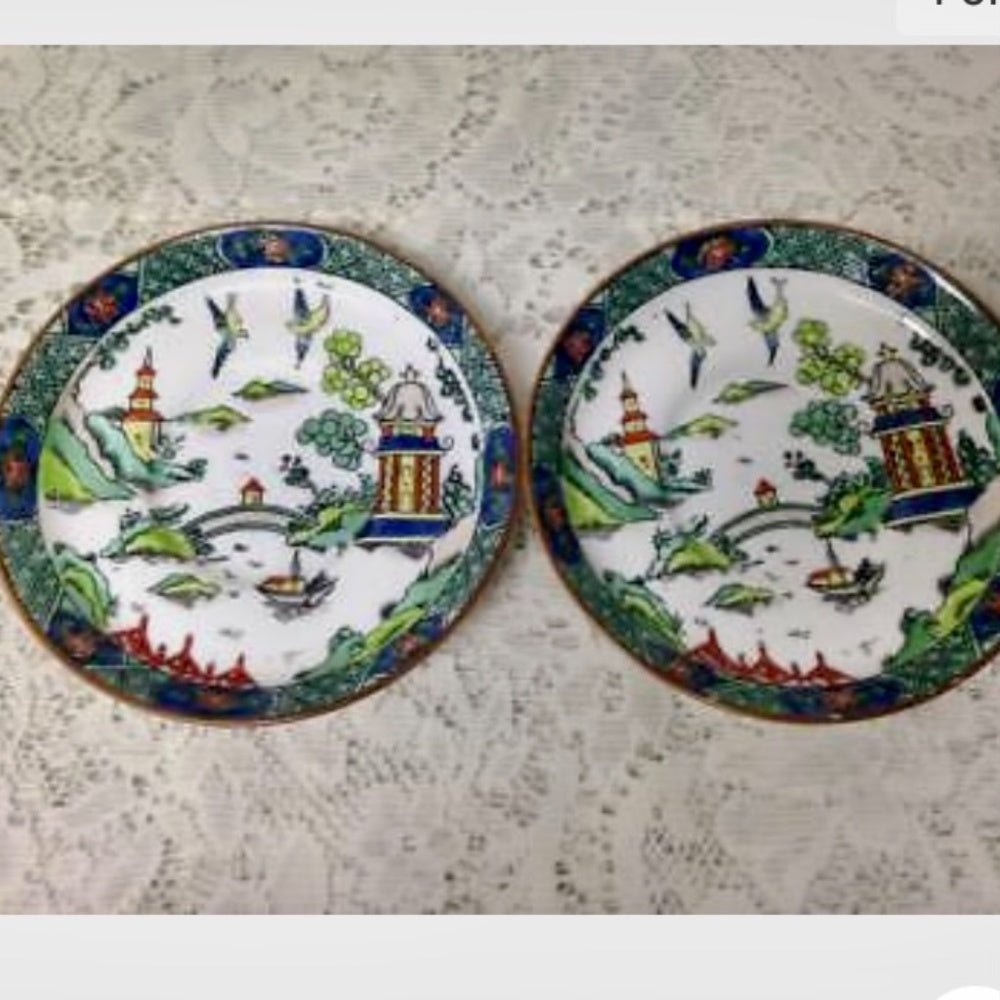 Vintage, Crown Stafffordshire, Polychrome, Gaudy Blue Willow, 8pc Tea Set for 2