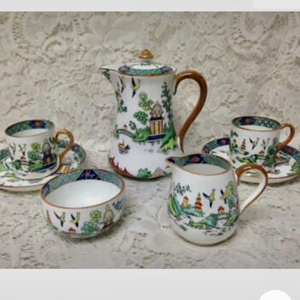Vintage, Crown Stafffordshire, Polychrome, Gaudy Blue Willow, 8pc Tea Set for 2