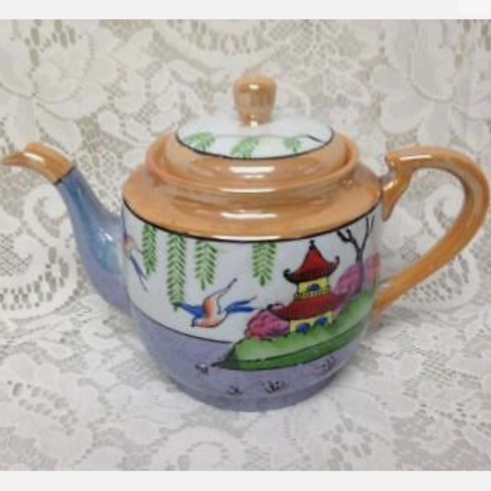 1920-30s, Lusterware, Japan, Variant Polychrome Blue Willow 11pc Tea Set