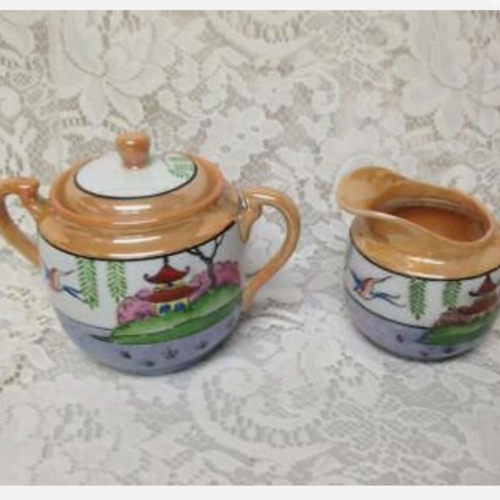 1920-30s, Lusterware, Japan, Variant Polychrome Blue Willow 11pc Tea Set