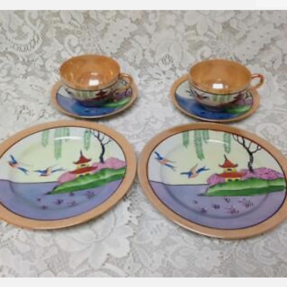1920-30s, Lusterware, Japan, Variant Polychrome Blue Willow 11pc Tea Set