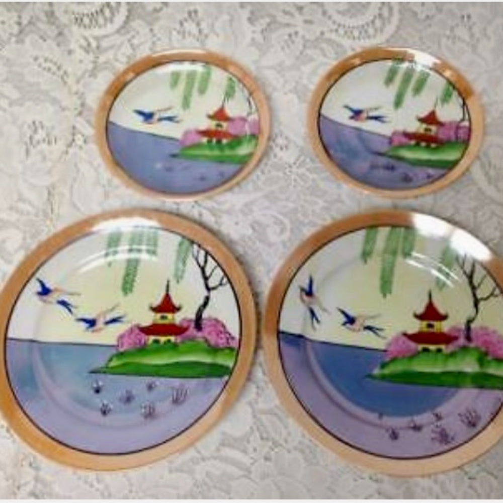 1920-30s, Lusterware, Japan, Variant Gaudy Blue Willow 11pc Tea Set