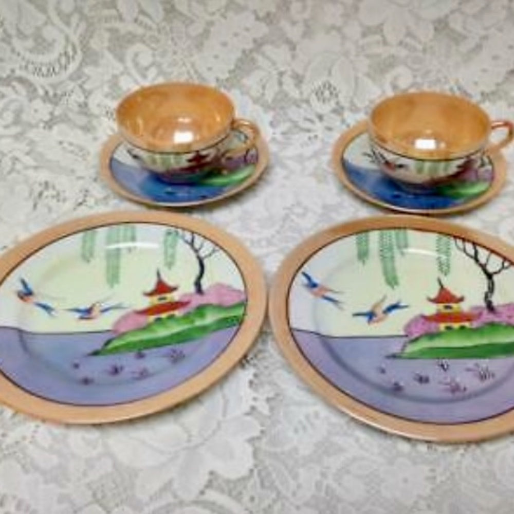 1920-30s, Lusterware, Japan, Variant Gaudy Blue Willow 11pc Tea Set