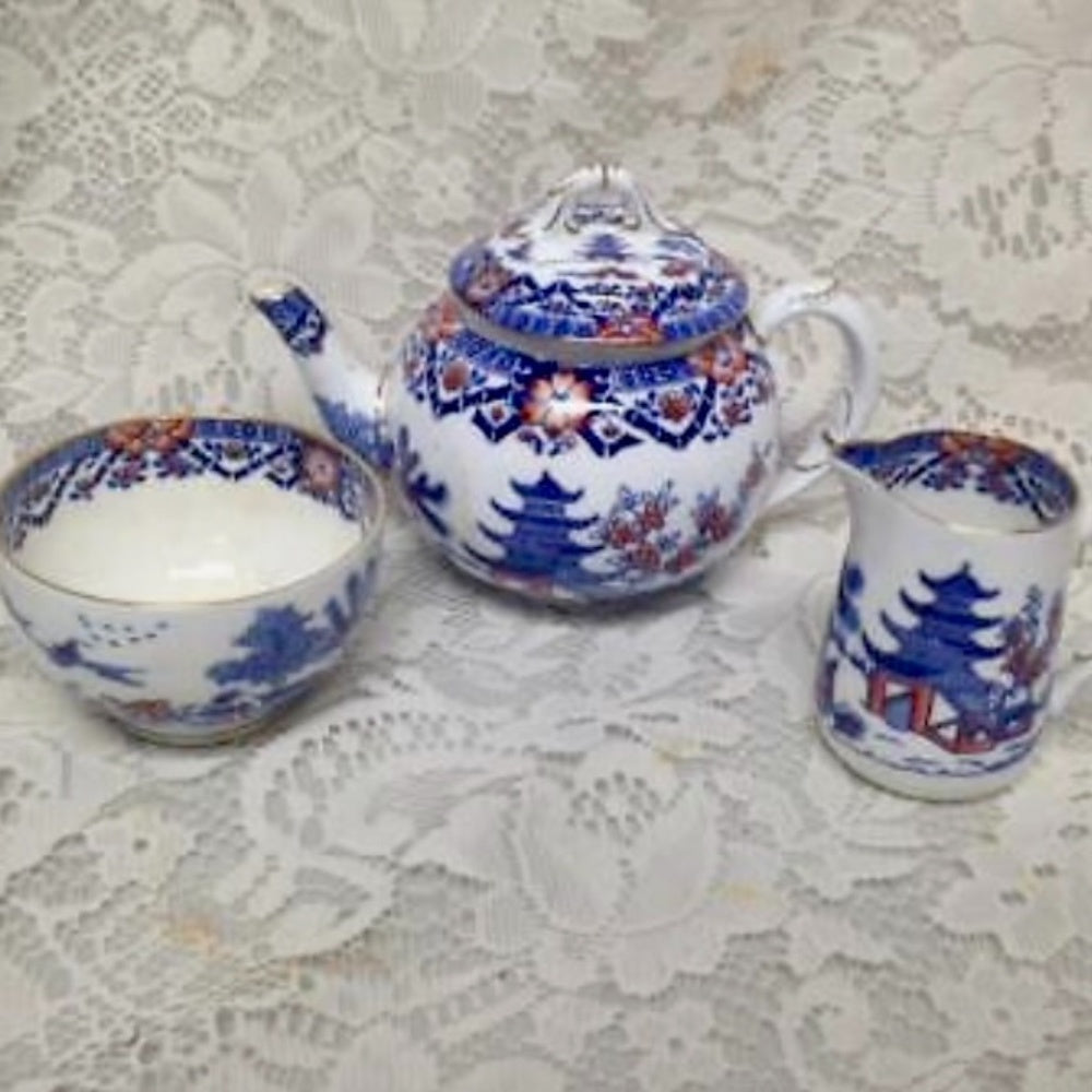 Antique, Rare, Royal Worcester, England, 4-pc Variant, Gaudy Blue Willow Tea Set