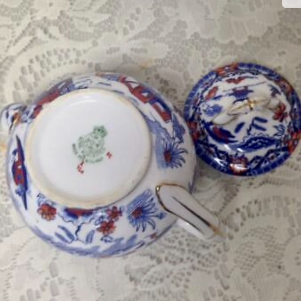 Antique, Rare, Royal Worcester, England, 4-pc Variant, Gaudy Blue Willow Tea Set