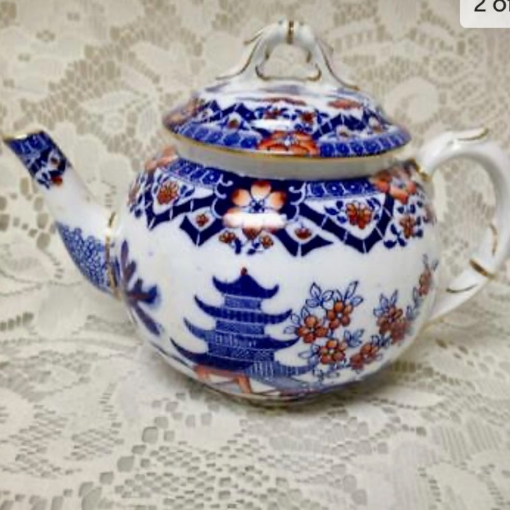 Antique, Rare, Royal Worcester, England, 4-pc Variant, Gaudy Blue Willow Tea Set