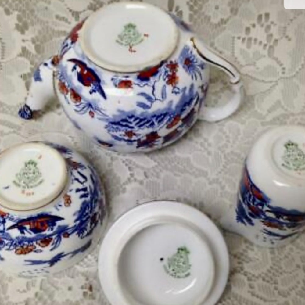 Antique, Rare, Royal Worcester, England, 4-pc Variant, Gaudy Blue Willow Tea Set