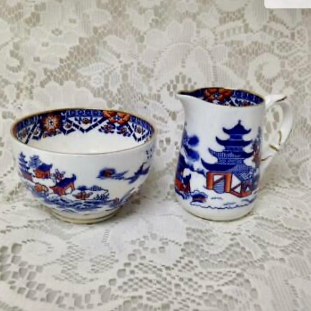 Antique, Rare, Royal Worcester, England, 4-pc Variant, Gaudy Blue Willow Tea Set