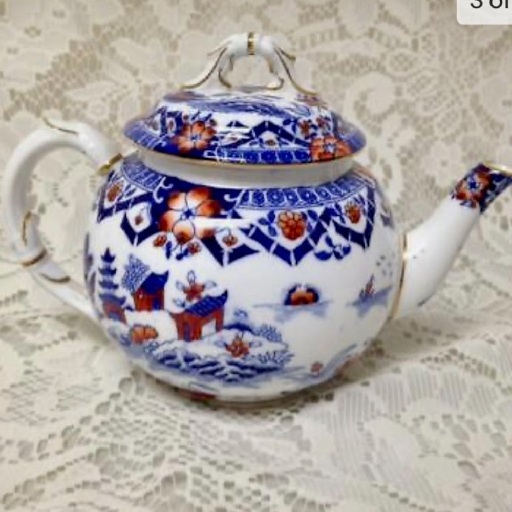Antique, Rare, Royal Worcester, England, 4-pc Variant, Gaudy Blue Willow Tea Set