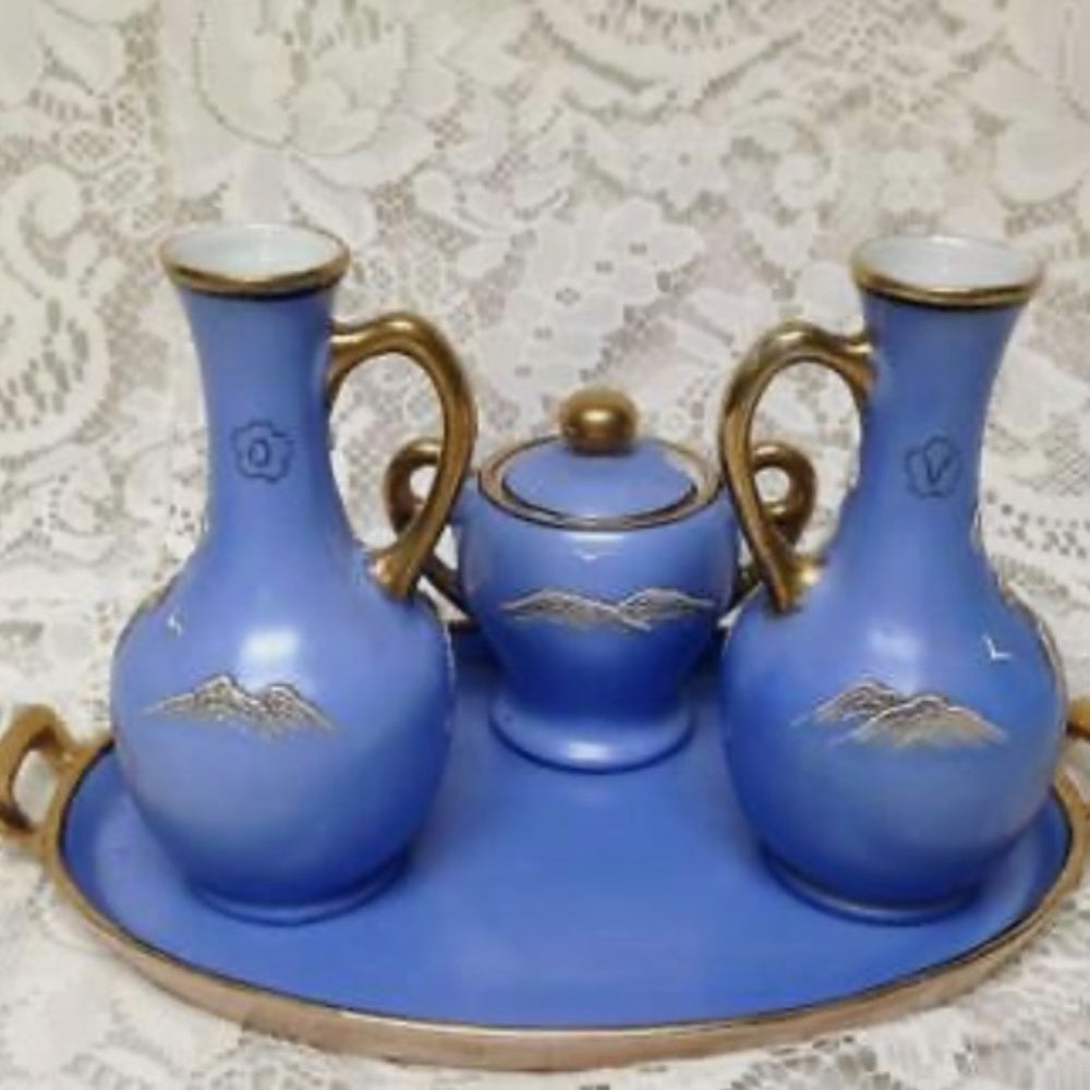 1920s, Japan, Rare, Moriage, Variant Gaudy Blue Willow 5pc Condiment Set(sftze)