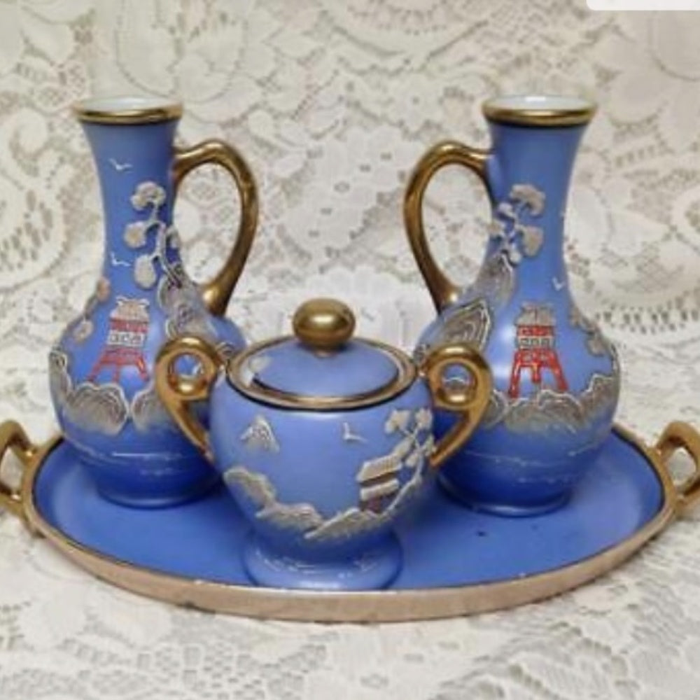 1920s, Japan, Rare, Moriage, Variant Gaudy Blue Willow 5pc Condiment Set(sftze)