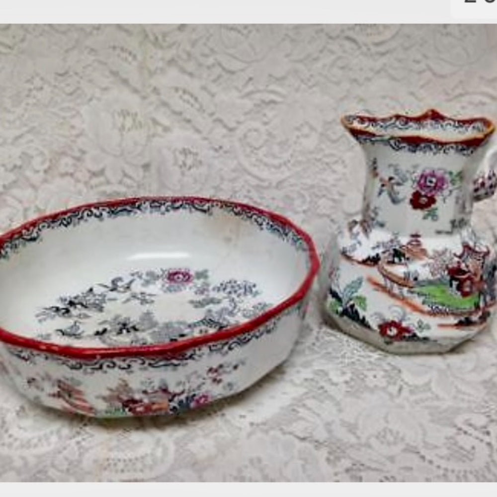 Anitque, English, Mason's Style Variant Polychrome Willow, Washbowl and Pitcher