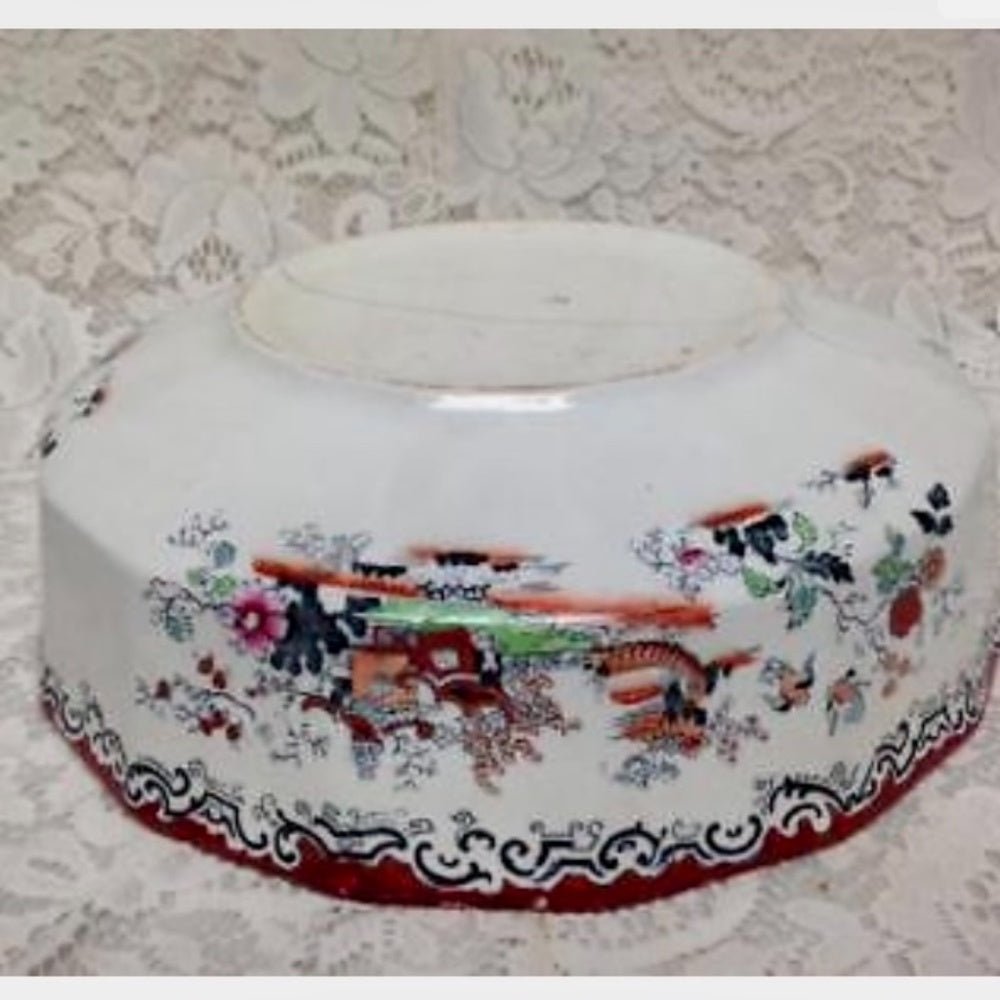 Anitque, English, Mason's Style Variant Polychrome Willow, Washbowl and Pitcher