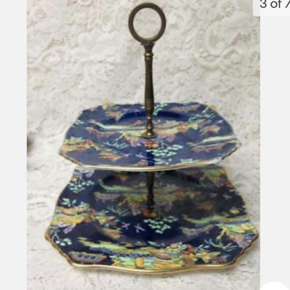 Vintage, Royal Winton, Blue Pekin, Variant Polychrome Willow,2-tier Tidbits Tray