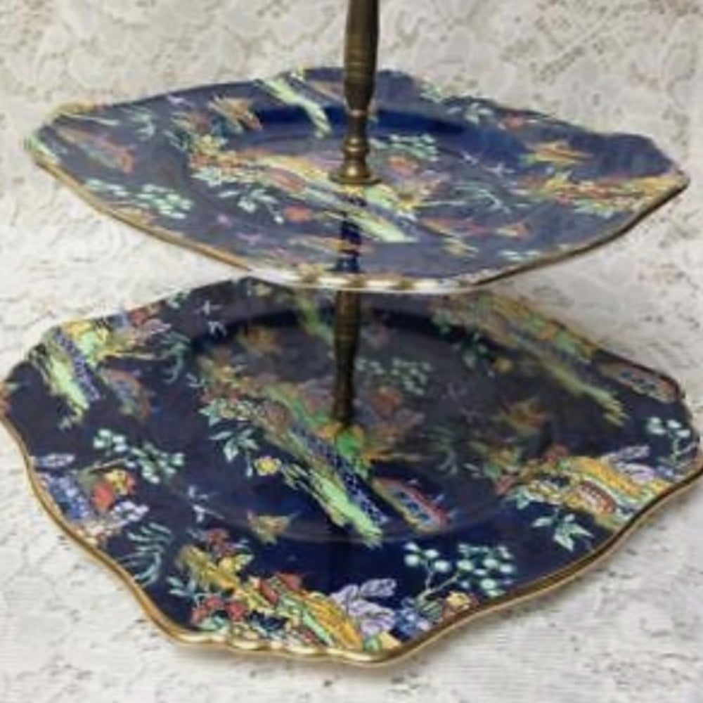 Vintage, Royal Winton, Blue Pekin, Variant Polychrome Willow,2-tier Tidbits Tray
