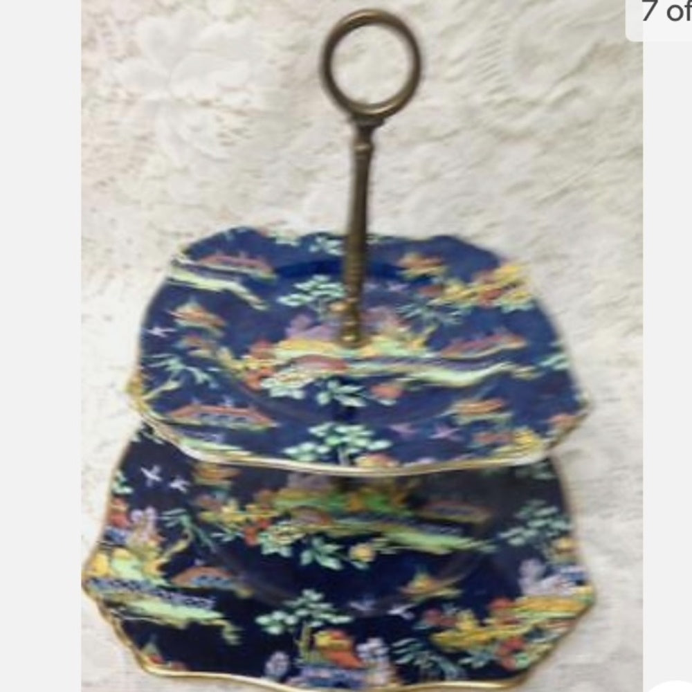 Vintage, Royal Winton, Blue Pekin, Variant Polychrome Willow,2-tier Tidbits Tray