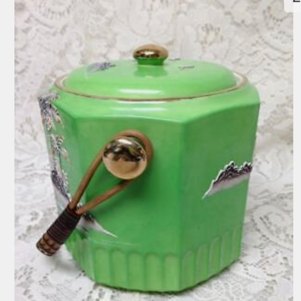 Vintage 1920s, Japan Variant Polychrome Willow, 7in x 8in Biscuit Jar